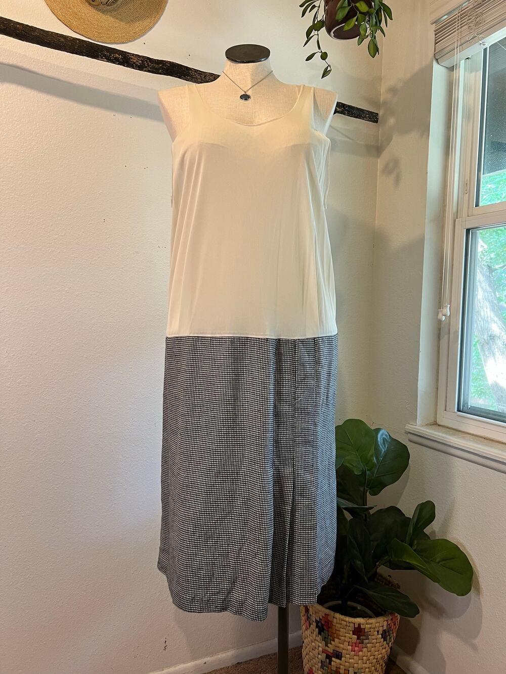Vintage Sheer White Tank Overall Herringbone Skirt Dress Size XL 16 USA Made